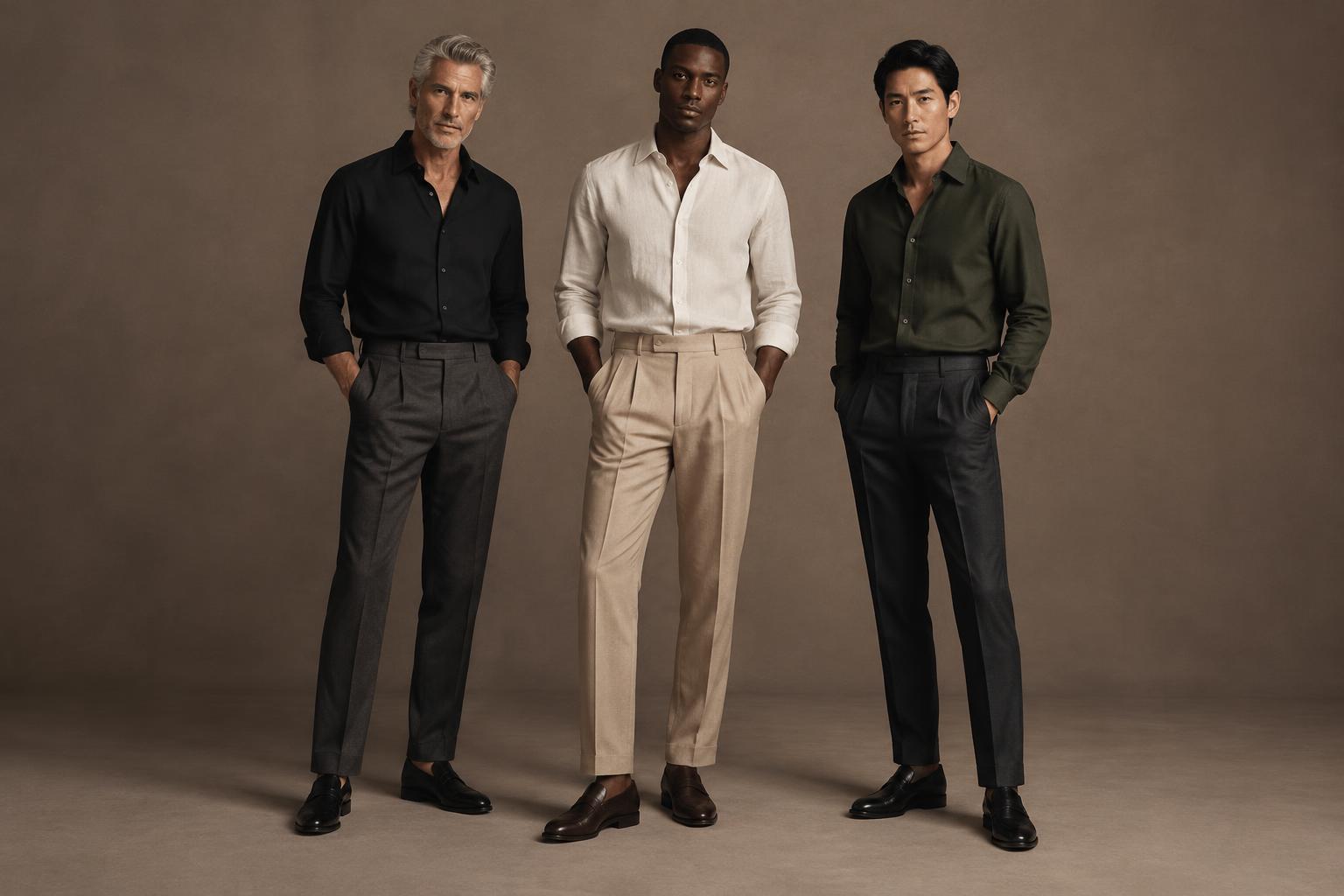 Three men in black, ivory and olive shirts with tailored trousers