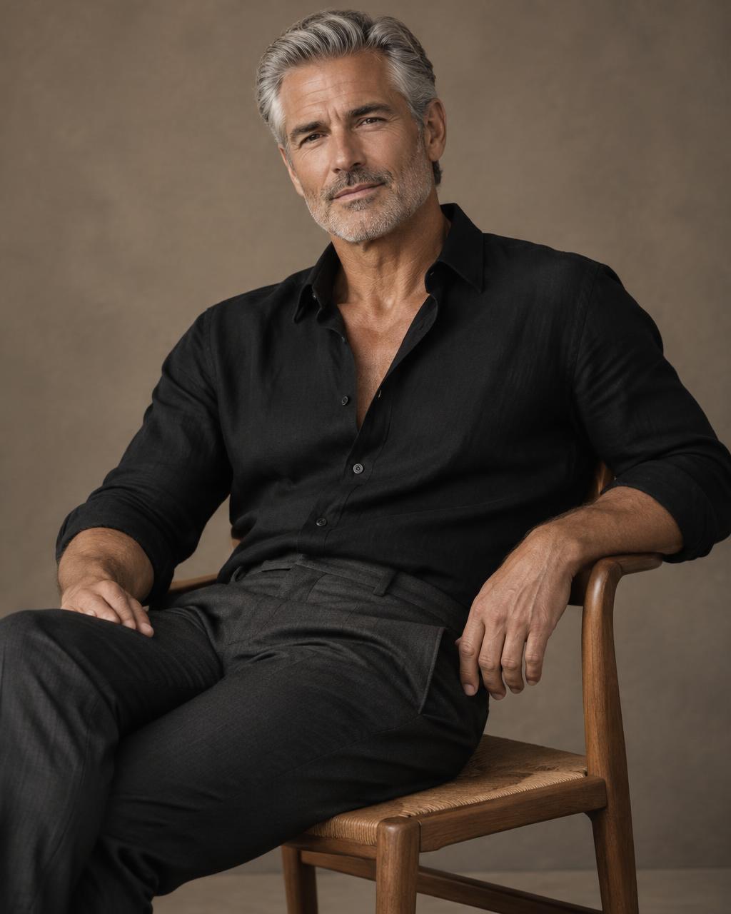 Silver-haired man in a black linen shirt and charcoal trousers