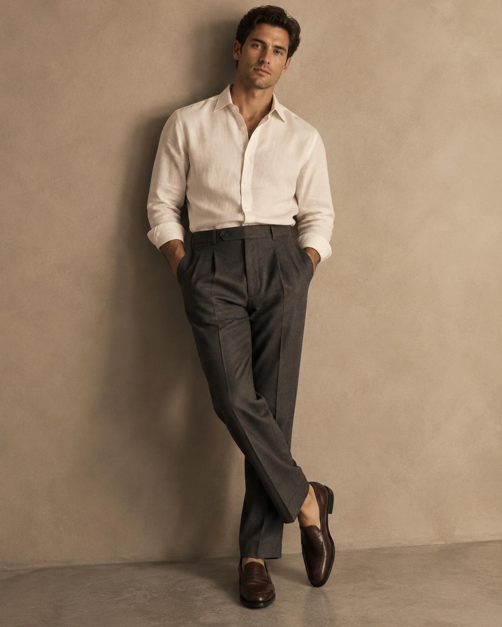 Ivory linen shirt styled with pleated trousers